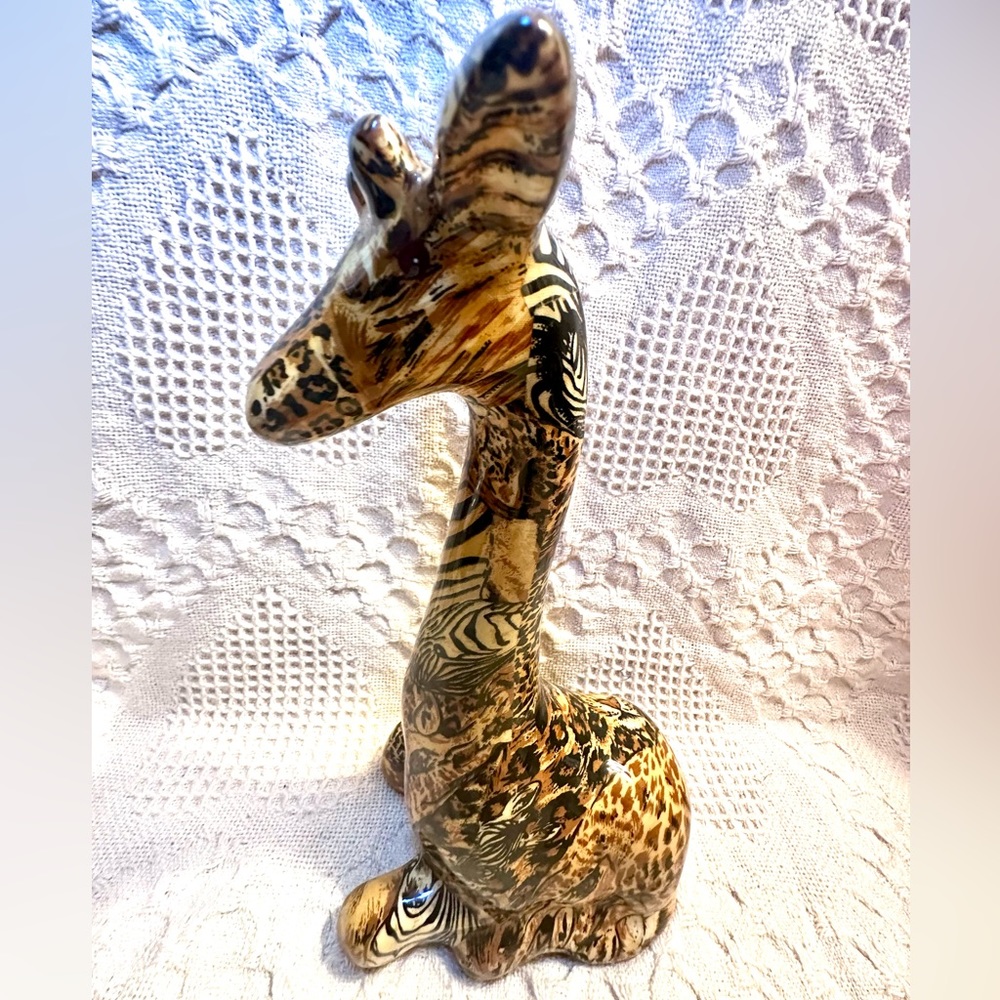 Lovely  Vtg  La Vie Giraffe Safari Patchwork Decoupaged Glazed Figurine